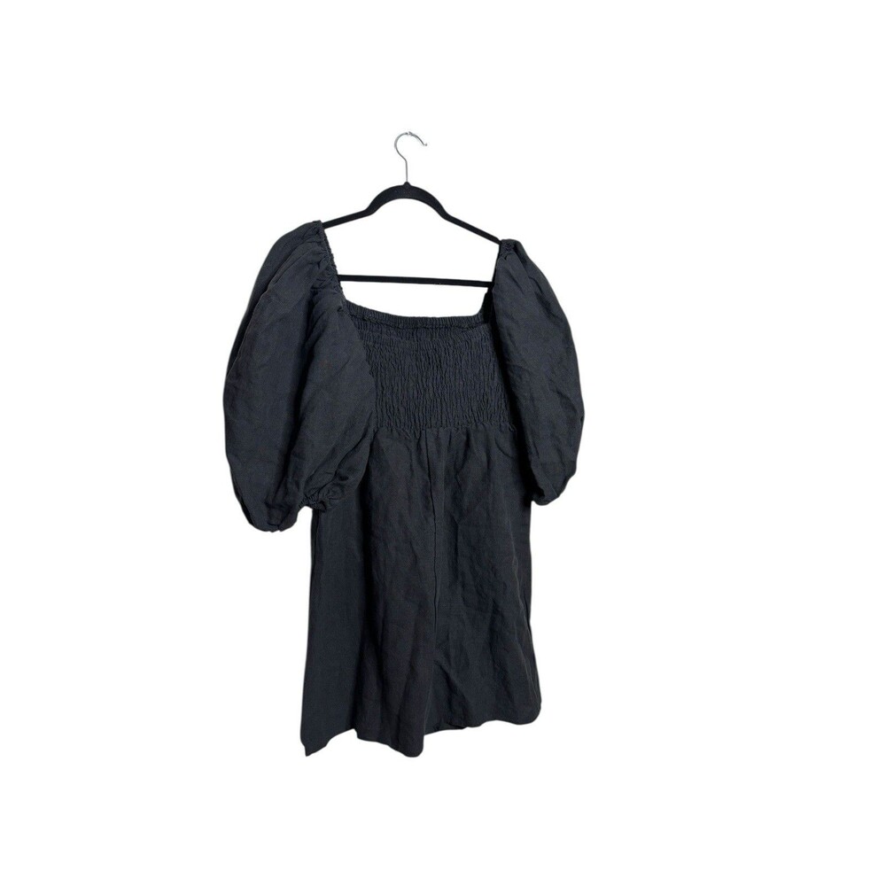 TUCKERNUCK Women Sz M Black Annie Smocked Puffed Sleeves Linen Mini Dress